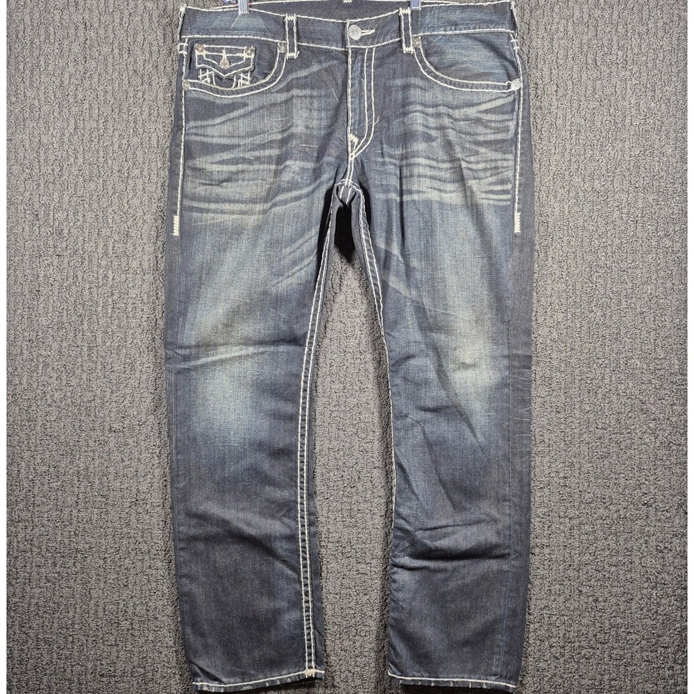 True Religion Ricky Super T Jeans Mens 42 Dark Wash Distressed Straight Leg Y2K